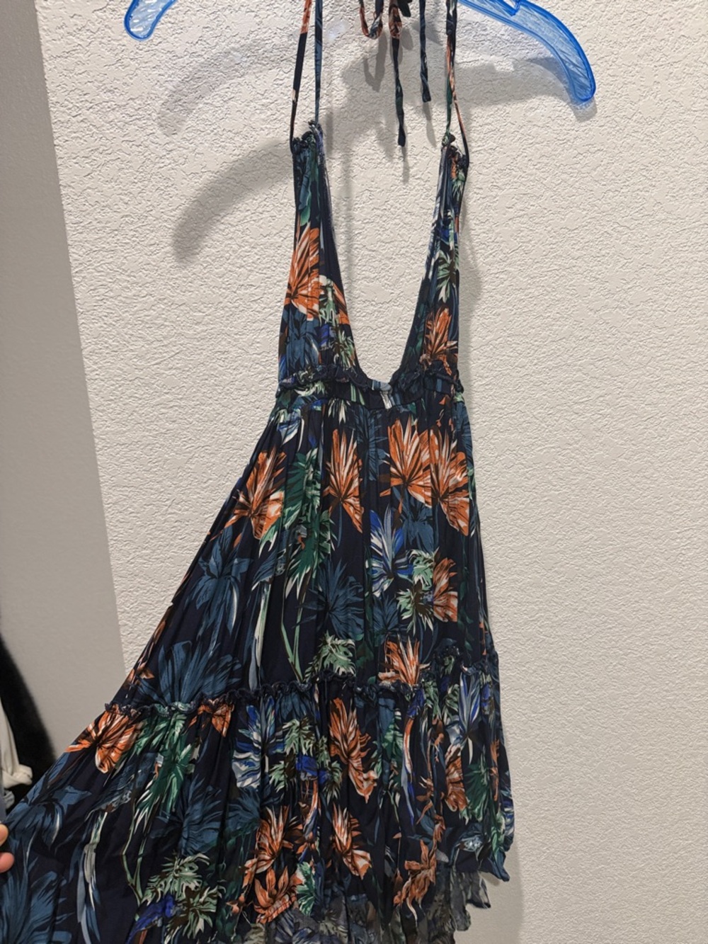 Navy Tropical Halter Midi Dress with Orange & Green Floral Print